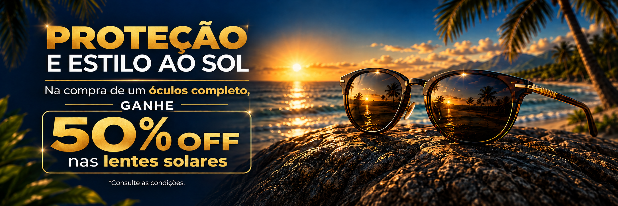 Renove seu visual. 50% off nas lentes solares